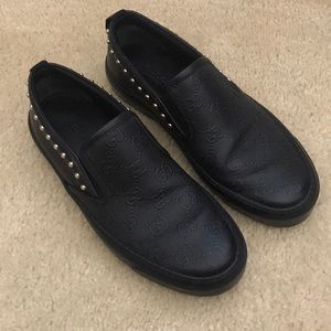 Gucci Black Leather Studded GG Slip on sneakers 36